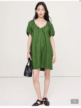 NWT Banana Republic Puff Sleeve Tie Back Linen Blend Mini Shift Dress Green L